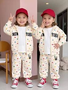 SHEIN 女嬰可愛秋冬波點與字母印花連帽外套及鬆緊腰長褲套裝 - 白色 - 查看 6