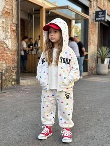 SHEIN 女嬰可愛秋冬波點與字母印花連帽外套及鬆緊腰長褲套裝 - 白色 - 查看 3