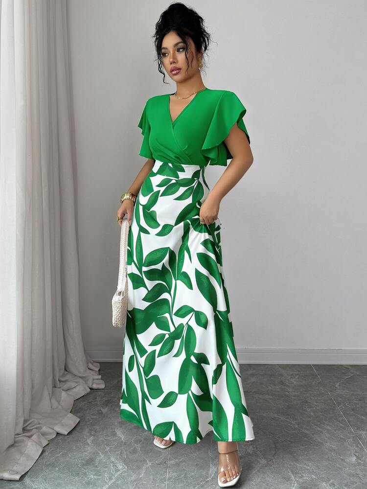 Elenzga Women's Elegant Burgundy Red Leaf Pattern Ruched Cap Sleeve Fitted Flared Dress, Spring/Summer - Green - View 1