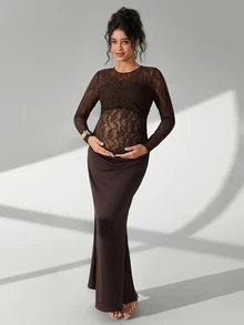 Cheriluna Maternity فستان تصوير الحمل ذو أكمام طويلة وذيل مرصع بالدانتيل والكشكشة بطول الذيل بتصميم ذيل حورية البحر بلون واحد - بني - مشاهدة 8
