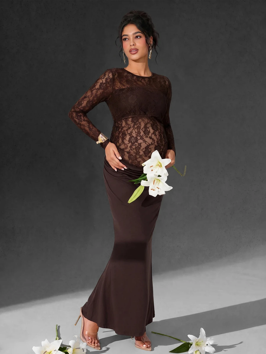 Cheriluna Maternity فستان تصوير الحمل ذو أكمام طويلة وذيل مرصع بالدانتيل والكشكشة بطول الذيل بتصميم ذيل حورية البحر بلون واحد - بني - مشاهدة 1