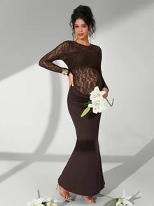 Cheriluna Maternity فستان تصوير الحمل ذو أكمام طويلة وذيل مرصع بالدانتيل والكشكشة بطول الذيل بتصميم ذيل حورية البحر بلون واحد - بني - مشاهدة 7