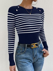 SHEIN LUNE Striped Pattern Button Detail Sweater,Long Sleeve Tops Knit Pullover Fall Winter Sweater - Blue and White - View 5
