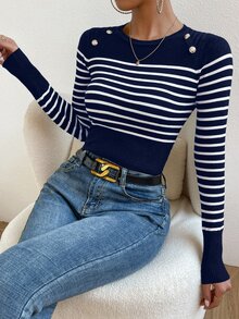 SHEIN LUNE Striped Pattern Button Detail Sweater,Long Sleeve Tops Knit Pullover Fall Winter Sweater - Blue and White - View 7
