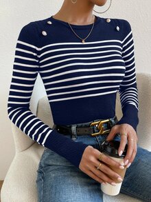 SHEIN LUNE Striped Pattern Button Detail Sweater,Long Sleeve Tops Knit Pullover Fall Winter Sweater - Blue and White - View 3