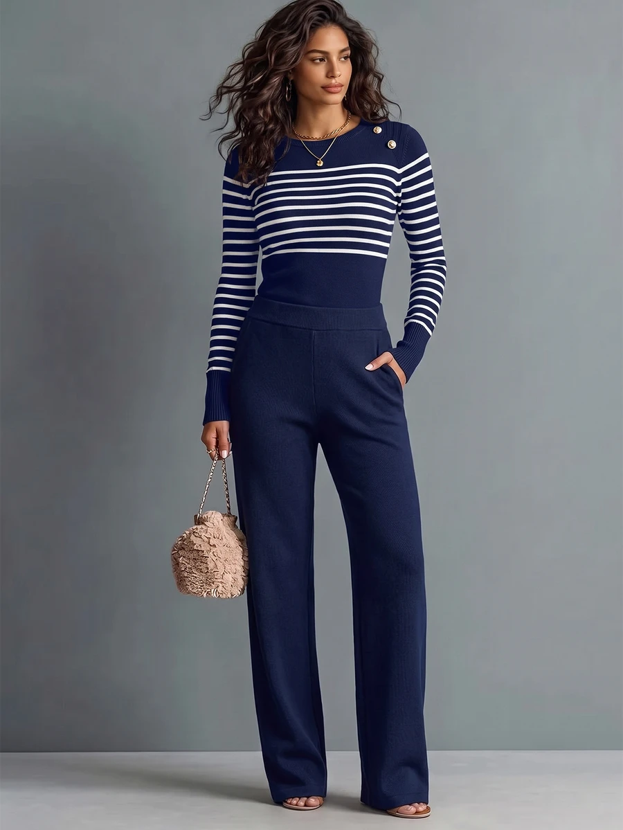 SHEIN LUNE Striped Pattern Button Detail Sweater,Long Sleeve Tops Knit Pullover Fall Winter Sweater - Blue and White - View 1