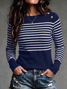 SHEIN LUNE Striped Pattern Button Detail Sweater,Long Sleeve Tops Knit Pullover Fall Winter Sweater - Blue and White - View 8