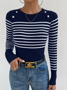 SHEIN LUNE Striped Pattern Button Detail Sweater,Long Sleeve Tops Knit Pullover Fall Winter Sweater - Blue and White - View 4
