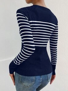 SHEIN LUNE Striped Pattern Button Detail Sweater,Long Sleeve Tops Knit Pullover Fall Winter Sweater - Blue and White - View 2