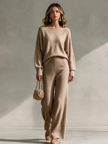 Omancia Elegant Women's Set Casual Commute Ribbed Texture Sweater 2 Pieces Set Beige Autumn Winter Women's Winter Set Outfits Autumn Vintage Modest French - Khaki - View 6