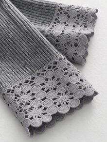 Omancia Elegant Basic Round Neck Lace Trim Patchwork Design Women's Sweater Office Grey Autumn - Grey - View 6