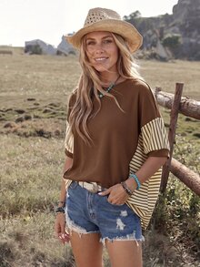 Wildy American Casual Boho Western Country Brown Stripe Patchwork Women's Spring/Summer Daily Vacation Basic Outfit Loose Top T-Shirt For Outings Commuting - Brown - View 3