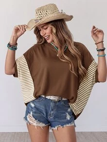 Wildy American Casual Boho Western Country Brown Stripe Patchwork Women's Spring/Summer Daily Vacation Basic Outfit Loose Top T-Shirt For Outings Commuting - Brown - View 4