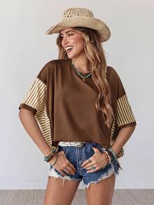 Wildy American Casual Boho Western Country Brown Stripe Patchwork Women's Spring/Summer Daily Vacation Basic Outfit Loose Top T-Shirt For Outings Commuting - Brown - View 10