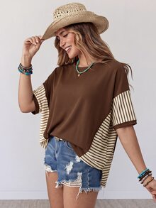 Wildy American Casual Boho Western Country Brown Stripe Patchwork Women's Spring/Summer Daily Vacation Basic Outfit Loose Top T-Shirt For Outings Commuting - Brown - View 6