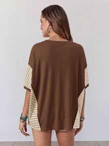 Wildy American Casual Boho Western Country Brown Stripe Patchwork Women's Spring/Summer Daily Vacation Basic Outfit Loose Top T-Shirt For Outings Commuting - Brown - View 2
