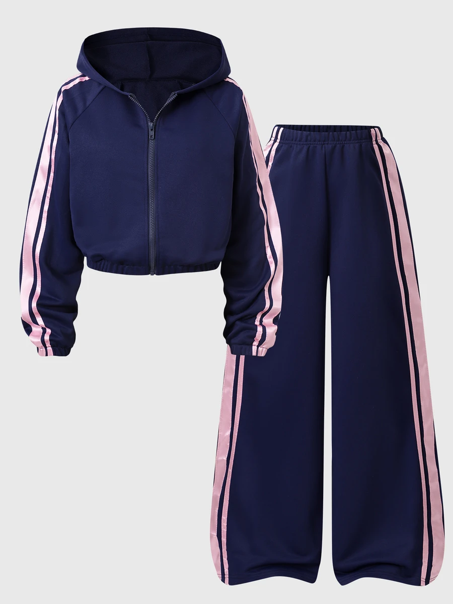 SHEIN Casuvi Kids 2pcs/Set Girls' Knit Solid Color Hooded Open Front Raglan Sleeve Sweatshirt Jacket Matching Wide Leg Sweatpants Sixth Form Navy Blue Autumn Baggy - Multicolor - View 1