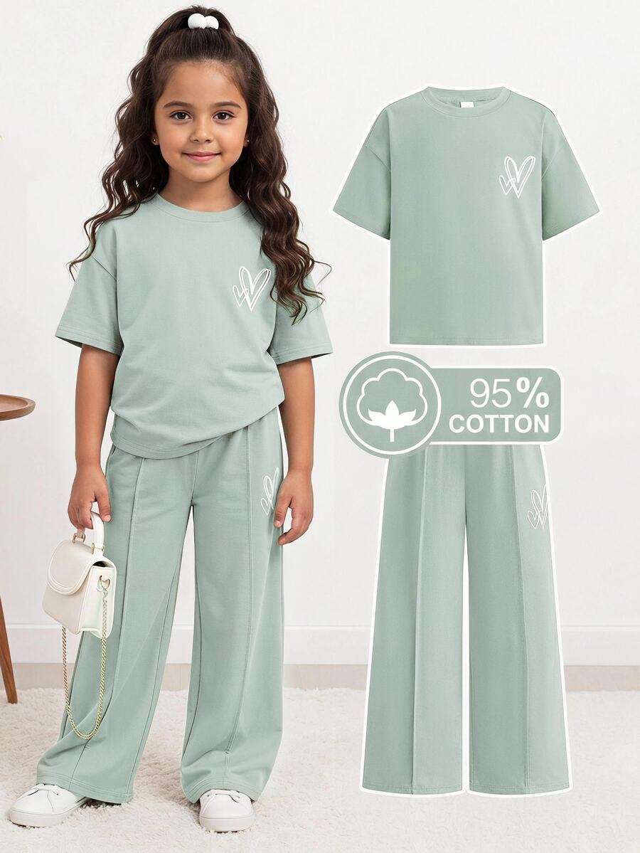 SHEIN Kids Young Girl Knit Solid Color Short Sleeve Round Neck Casual Heart Pattern T-Shirt And Long Pants 2 Pieces Set - Green - View 1