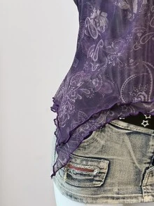 SHEIN EZwear Purple Floral Print Mesh Women's Spaghetti Strap Top - Purple - View 8