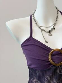 SHEIN EZwear Purple Floral Print Mesh Women's Spaghetti Strap Top - Purple - View 6