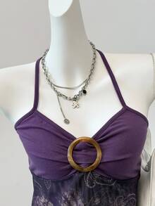 SHEIN EZwear Purple Floral Print Mesh Women's Spaghetti Strap Top - Purple - View 5
