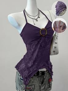 SHEIN EZwear Purple Floral Print Mesh Women's Spaghetti Strap Top - Purple - View 4