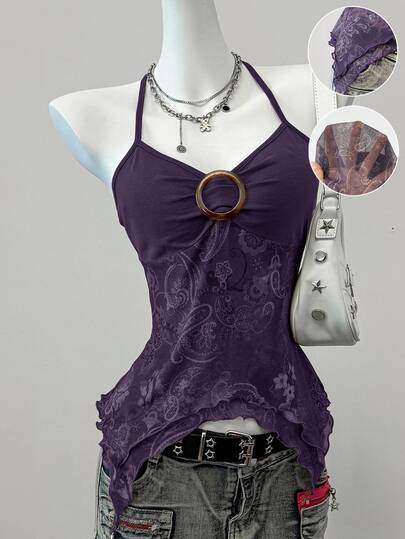 SHEIN EZwear 紫色花卉印花网眼女士细肩带上衣