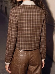 Anewsta Women's Fall/Winter Elegant Casual Brown Plaid Long Sleeve Cropped Jacket Button Pocket Vintage Tailored For Business Office Party Going Out - Brown - View 2
