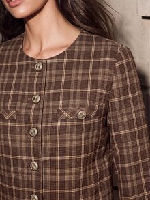 Anewsta Women's Fall/Winter Elegant Casual Brown Plaid Long Sleeve Cropped Jacket Button Pocket Vintage Tailored For Business Office Party Going Out - Brown - View 7