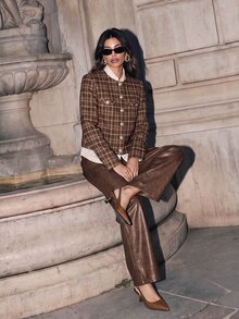 Anewsta Women's Fall/Winter Elegant Casual Brown Plaid Long Sleeve Cropped Jacket Button Pocket Vintage Tailored For Business Office Party Going Out - Brown - View 4