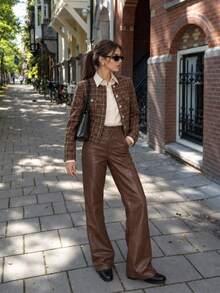 Anewsta Women's Fall/Winter Elegant Casual Brown Plaid Long Sleeve Cropped Jacket Button Pocket Vintage Tailored For Business Office Party Going Out - Brown - View 1