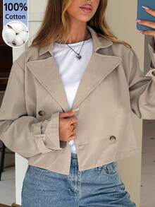 SHEIN EZwear 灰色編織女款長袖雙排扣夾克，適合辦公出差，秋季法式優雅休閒風 - 卡其色 - 查看 8