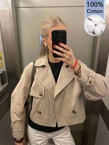 SHEIN EZwear 灰色編織女款長袖雙排扣夾克，適合辦公出差，秋季法式優雅休閒風 - 卡其色 - 查看 9