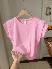 SHEIN Tween Girl Spring/Summer Casual White Round Neck Double Layer Wide Sleeveless T-Shirt, Suitable For Daily Casual Wear, White Top - Pink - View 4