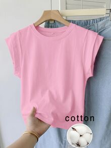 SHEIN Tween Girl Spring/Summer Casual White Round Neck Double Layer Wide Sleeveless T-Shirt, Suitable For Daily Casual Wear, White Top - Pink - View 3