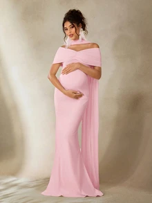 Cheriluna Maternity Maternity Photography Dress, White Long Elegant Gown, Suitable For Maternity Photoshoot - Pink - View 5