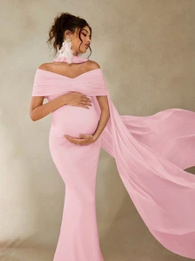 Cheriluna Maternity Maternity Photography Dress, White Long Elegant Gown, Suitable For Maternity Photoshoot - Pink - View 6