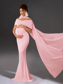 Cheriluna Maternity Maternity Photography Dress, White Long Elegant Gown, Suitable For Maternity Photoshoot - Pink - View 1