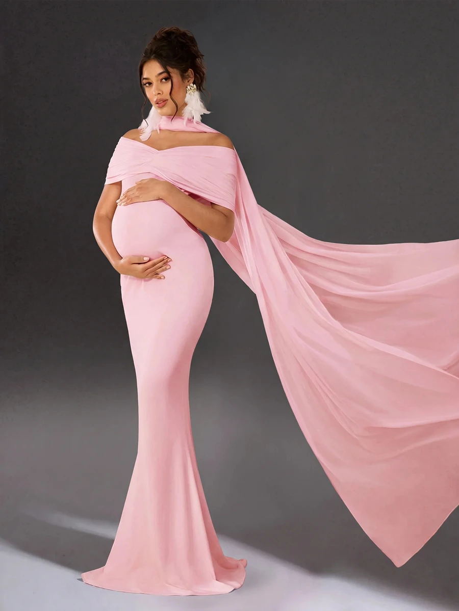 Cheriluna Maternity Maternity Photography Dress, White Long Elegant Gown, Suitable For Maternity Photoshoot - Pink - View 1