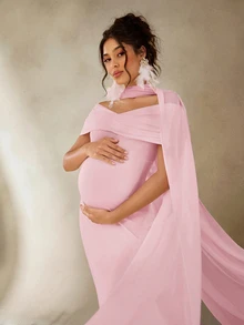 Cheriluna Maternity Maternity Photography Dress, White Long Elegant Gown, Suitable For Maternity Photoshoot - Pink - View 7