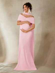 Cheriluna Maternity Maternity Photography Dress, White Long Elegant Gown, Suitable For Maternity Photoshoot - Pink - View 4