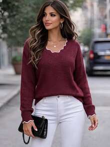 Elenzga Sweater Pullover Kasual Ukuran Besar, Atasan Rajut Lengan Panjang Serbaguna dan Modis untuk Wanita, Pullover Rajut Musim Gugur dan Musim Dingin - Burgundy - View 3
