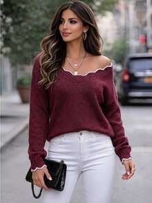 Elenzga Sweater Pullover Kasual Ukuran Besar, Atasan Rajut Lengan Panjang Serbaguna dan Modis untuk Wanita, Pullover Rajut Musim Gugur dan Musim Dingin - Burgundy - View 1