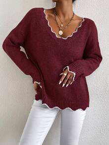 Elenzga Sweater Pullover Kasual Ukuran Besar, Atasan Rajut Lengan Panjang Serbaguna dan Modis untuk Wanita, Pullover Rajut Musim Gugur dan Musim Dingin - Burgundy - View 7