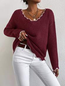 Elenzga Sweater Pullover Kasual Ukuran Besar, Atasan Rajut Lengan Panjang Serbaguna dan Modis untuk Wanita, Pullover Rajut Musim Gugur dan Musim Dingin - Burgundy - View 5