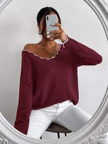 Elenzga Sweater Pullover Kasual Ukuran Besar, Atasan Rajut Lengan Panjang Serbaguna dan Modis untuk Wanita, Pullover Rajut Musim Gugur dan Musim Dingin - Burgundy - View 4