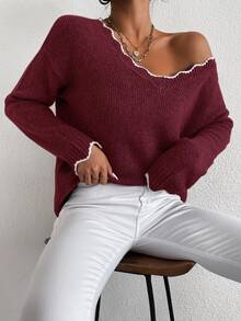 Elenzga Sweater Pullover Kasual Ukuran Besar, Atasan Rajut Lengan Panjang Serbaguna dan Modis untuk Wanita, Pullover Rajut Musim Gugur dan Musim Dingin - Burgundy - View 6