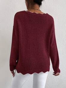 Elenzga Sweater Pullover Kasual Ukuran Besar, Atasan Rajut Lengan Panjang Serbaguna dan Modis untuk Wanita, Pullover Rajut Musim Gugur dan Musim Dingin - Burgundy - View 2
