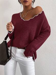 Elenzga Sweater Pullover Kasual Ukuran Besar, Atasan Rajut Lengan Panjang Serbaguna dan Modis untuk Wanita, Pullover Rajut Musim Gugur dan Musim Dingin - Burgundy - View 8