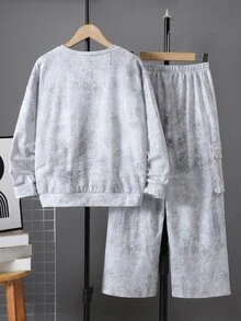 SHEIN Little Byeori 2件組兒童青少年男孩休閒韓系寬鬆版型數位印花小字母長袖圓領上衣與鬆緊腰長褲套裝，適合秋冬春季，適合戶外玩耍、上學、街頭風、派對與休閒穿著 - 白色 - 查看 3
